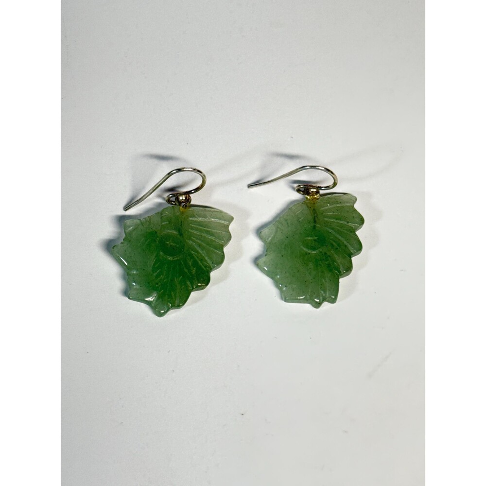 Green Jadeite Drop Earrings Carved Native American Headdress